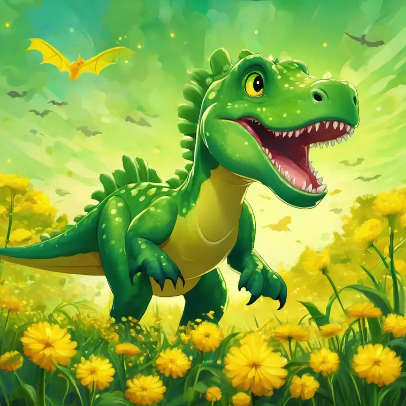 Green with bright sparkling eyes, swinging tail is a green dinosaur, with big, bright, sparkling eyes, swinging his tail in a field of yellow dandelions.