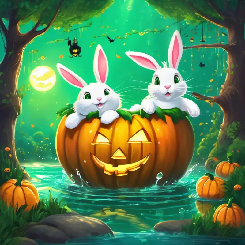 Green with bright sparkling eyes, swinging tail and the bunny are now having a wonderful time playing in the water, making loud, splashing and spraying sounds, with the sun shining brightly over them. They then cuddle close to each other for a cozy, quiet sleep.