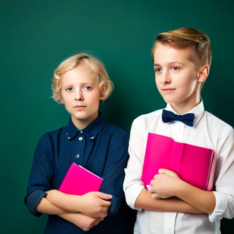 Boy and Blonde girl with a pink bow, kind and friendly holding books, smiling