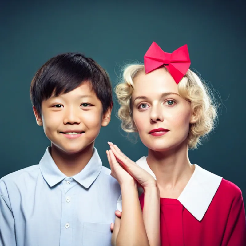 Boy explaining, Blonde girl with a pink bow, kind and friendly looking relieved