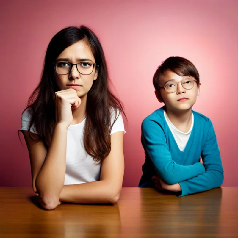 Girl looking apologetic, Brown-haired boy with glasses, always smiling looking disappointed