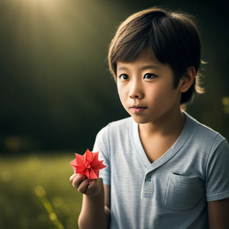 Boy looking hopeful, holding out a flower
