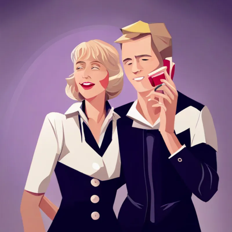 Boy and Blonde girl with a pink bow, kind and friendly talking on the phone, smiling