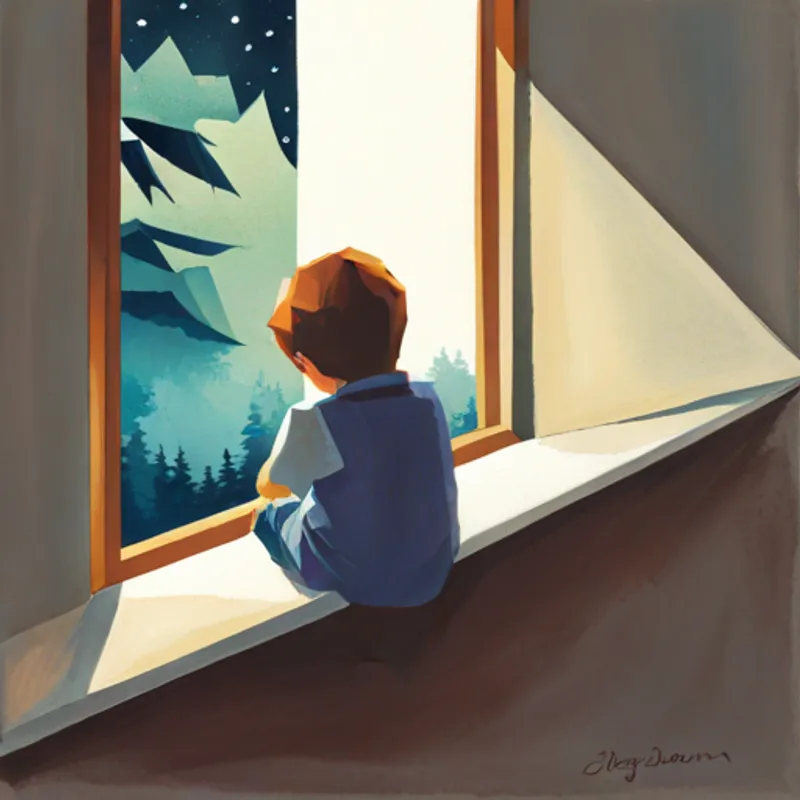 Boy looking out of a window, waiting