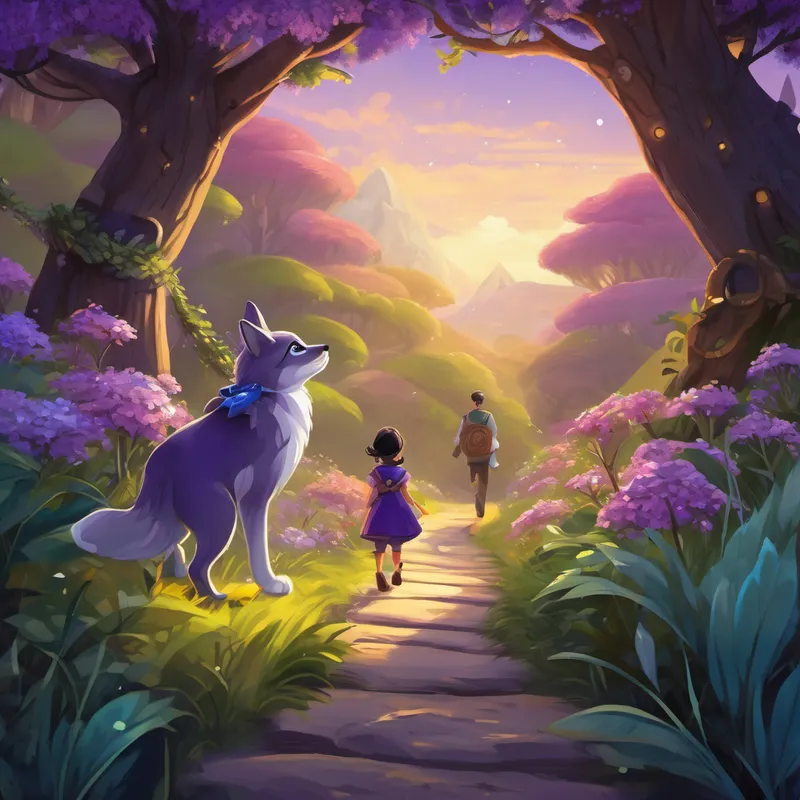 As he reached Cleo's treehouse, he was welcomed with a warm embrace and a cheerful "meow!" Cleo looked elegant in her purple scarf and was ready to embark on a journey to the highest peak of Alphaland, where a secret treasure awaited them. Brabe and Cleo skipped along the enchanted path, filled with beautiful flowers, singing birds, and magical creatures who greeted them with a friendly "hello!" Along their way, they met a joyful Deer named Darcy, who wanted to join their quest.