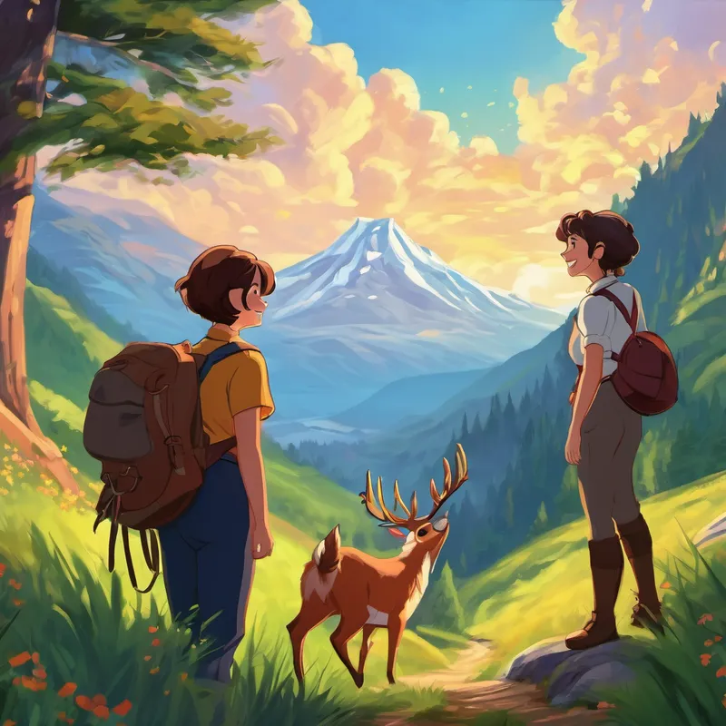 "Darcy!" said Brabe, "We are on an adventure to find a hidden treasure! Would you like to join us?" Darcy smiled excitedly and nodded, her antlers shimmering in delight. Together, they continued their thrilling hike to the mountaintop.