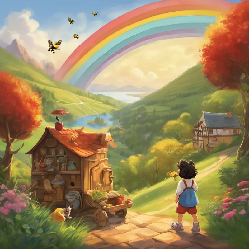 On their way up, Brabe remembered that Cleo had invited him to teach him ABCs. He decided to turn this adventure into a learning experience by spotting objects that matched each letter of the alphabet. He pointed at an apple and exclaimed, "A is for apple!" Cleo purred with delight, and Darcy joined in by pointing at a bumblebee and saying, "B is for bumblebee!" As they reached the mountaintop, a breathtaking view unfolded before them. In the distance, they spotted a glimmering chest nestled beneath a rainbow. The trio hurriedly rushed toward it, eager to discover what lay inside.