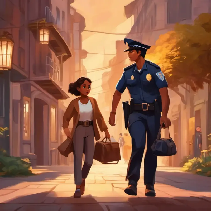 Police arriving due to Young, brave girl with brown skin and dark brown eyes's help, capturing the thief.