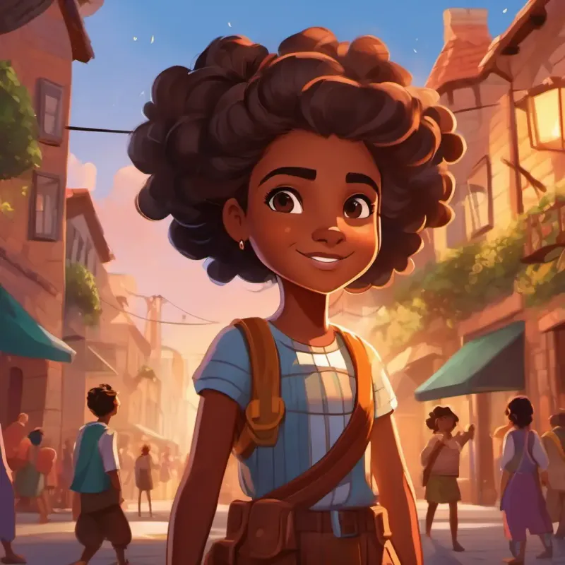 Young, brave girl with brown skin and dark brown eyes being celebrated as a hero in Sunnyville.