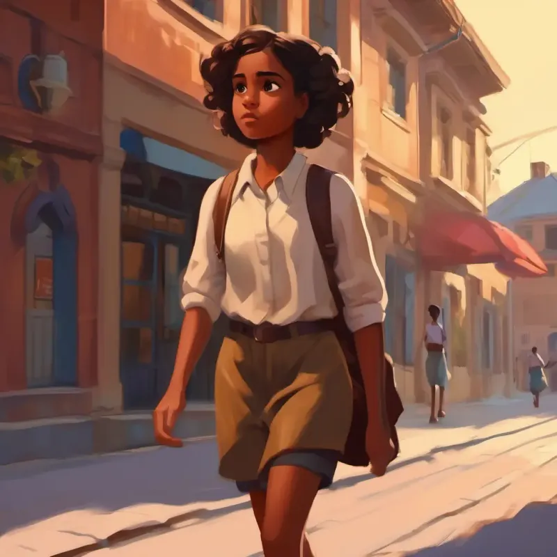 Young, brave girl with brown skin and dark brown eyes walking, noticing something odd at the town bank.