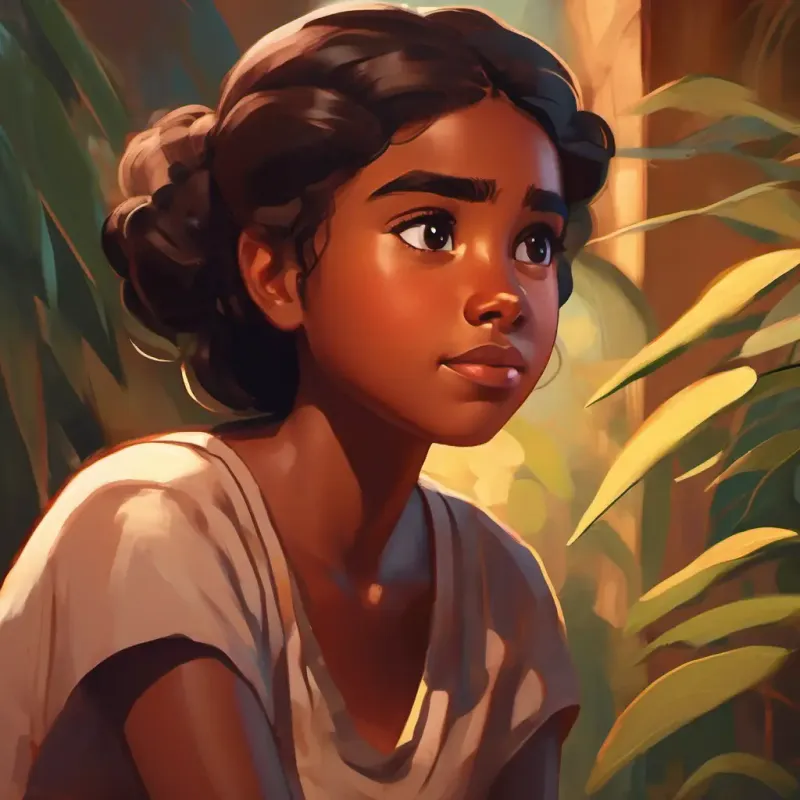 Young, brave girl with brown skin and dark brown eyes's gut feeling about the man, her decision to watch him.