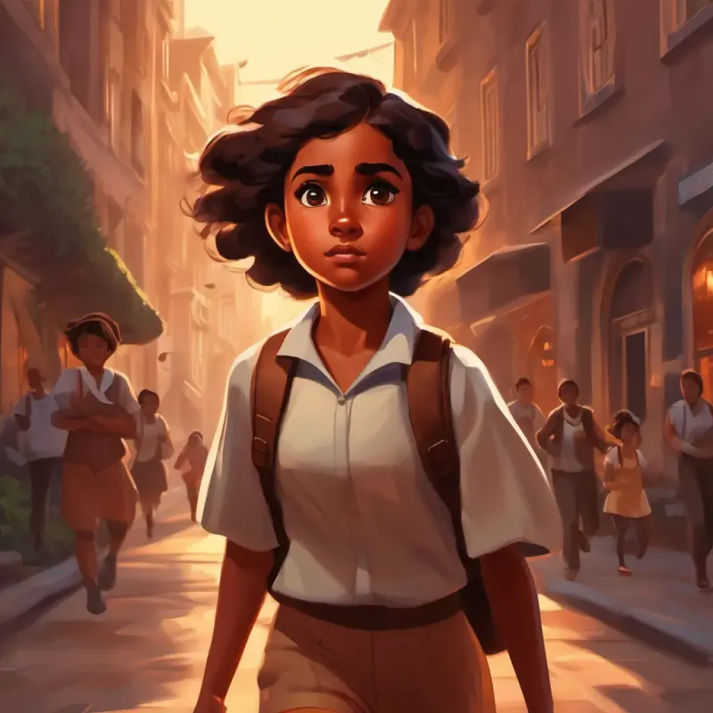 Young, brave girl with brown skin and dark brown eyes's immediate reaction to run and warn the bank.