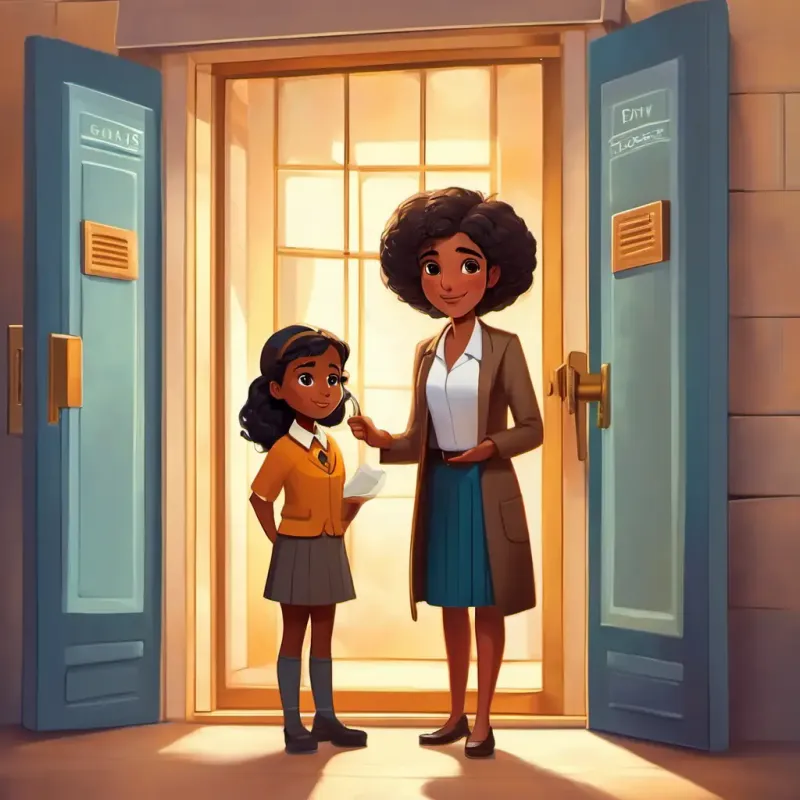 Young, brave girl with brown skin and dark brown eyes informing the bank manager, manager locking doors.