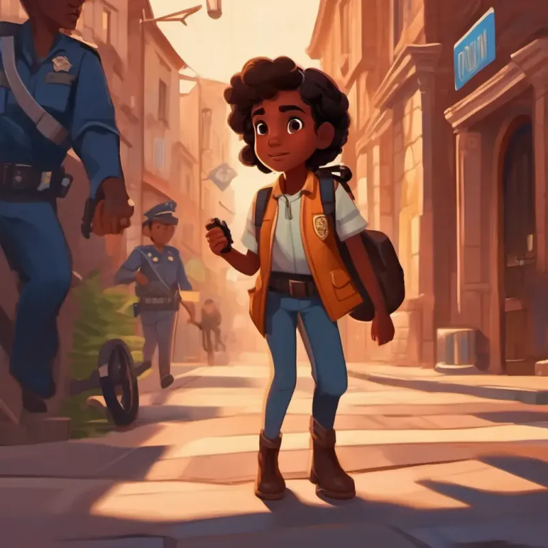 Young, brave girl with brown skin and dark brown eyes's pursuit of the robber, communicating with police.