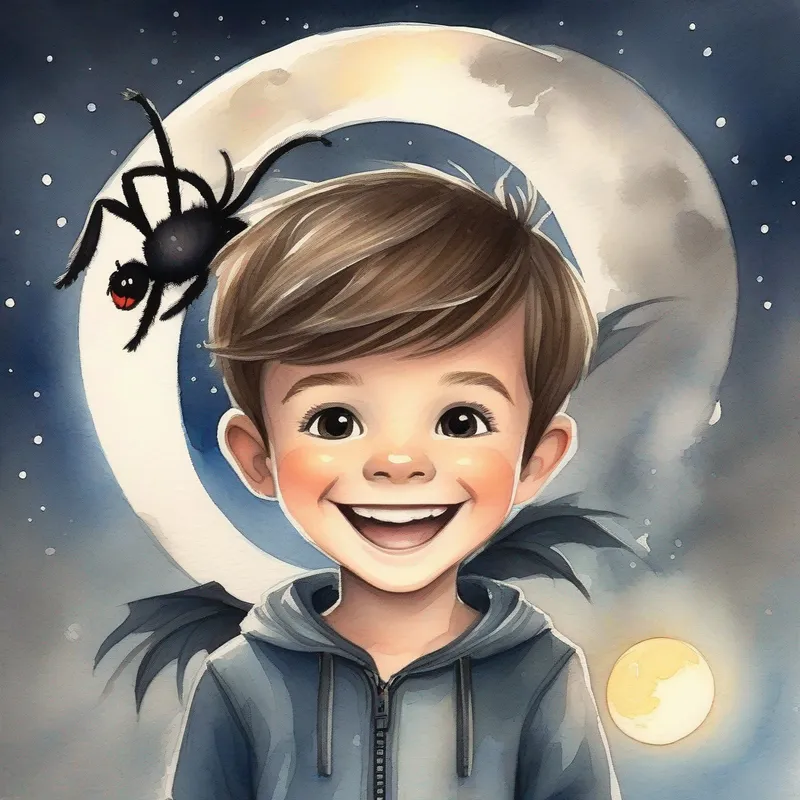 Happy boy with brown hair and a big smile and Small, black spider with glowing wings transforming at night, moon, spider, monkey