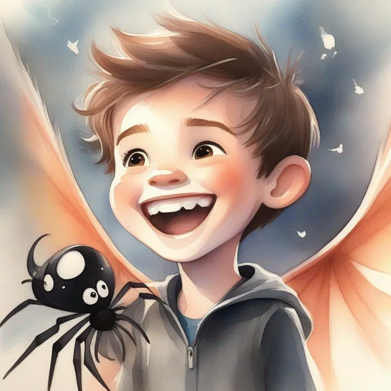 Happy boy with brown hair and a big smile and Small, black spider with glowing wings flying together, vampire, fast