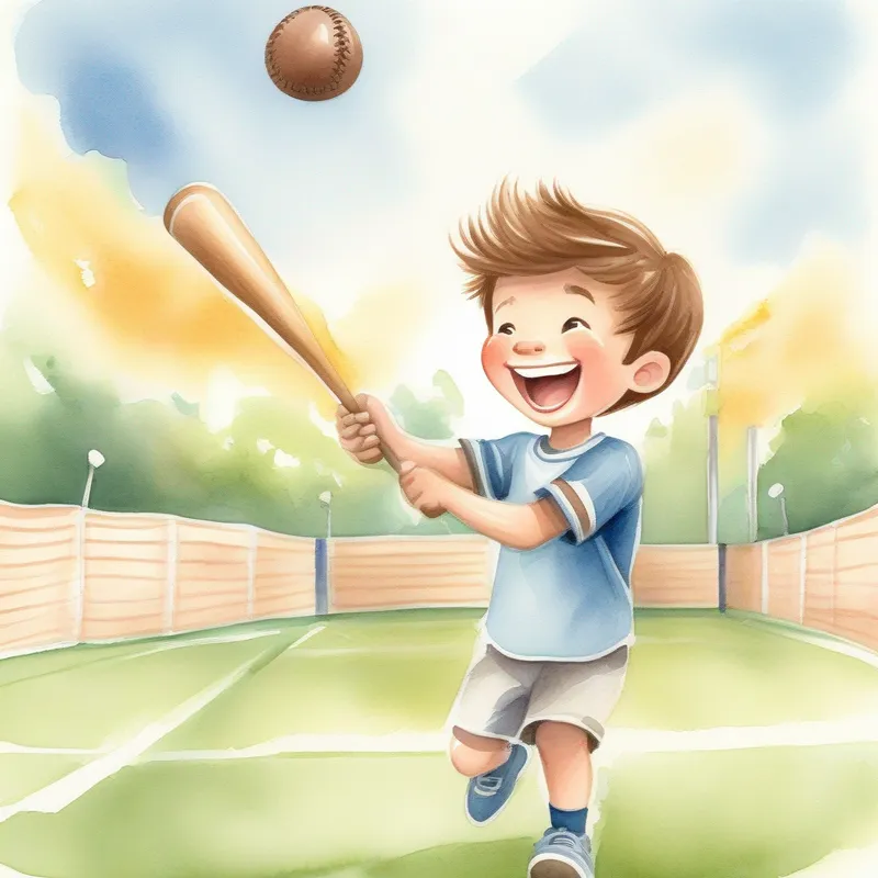 Happy boy with brown hair and a big smile hitting home runs, flying monkey, baseball field