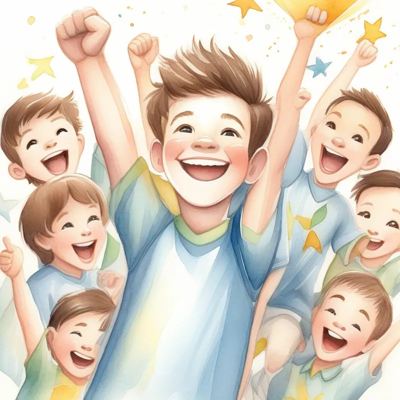 Happy boy with brown hair and a big smile and his team celebrating, flying monkey, victory