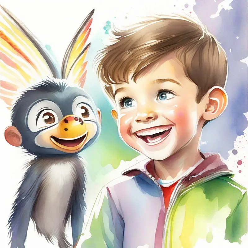 Kids looking at Happy boy with brown hair and a big smile's flying monkey, superpowers, popularity