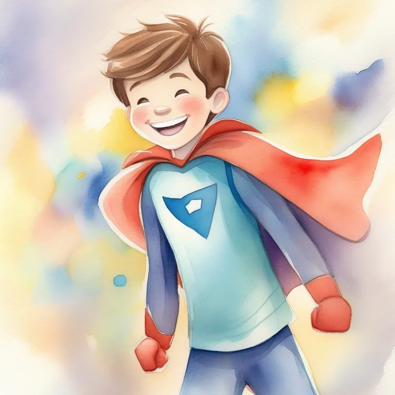 Happy boy with brown hair and a big smile realizing his confidence, superhero, friends