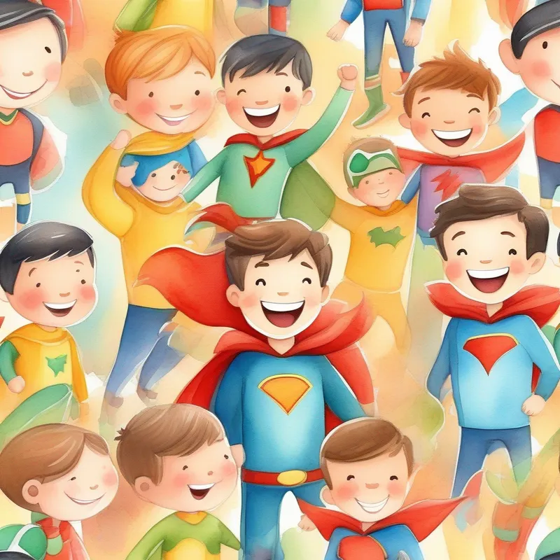 Happy boy with brown hair and a big smile and friends helping others, superheroes, teamwork