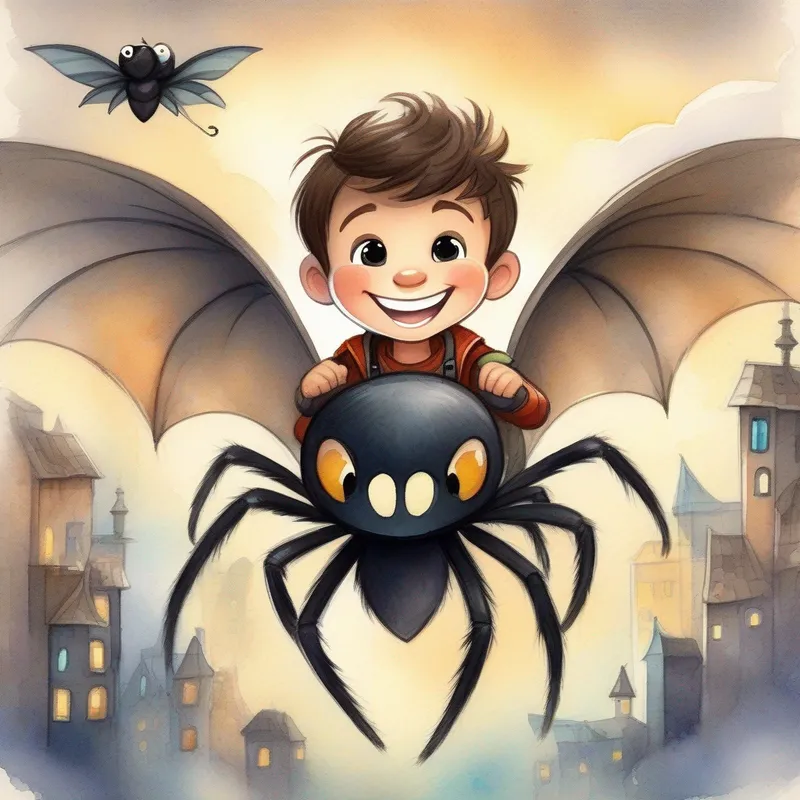 Happy boy with brown hair and a big smile and Small, black spider with glowing wings protecting town, flying monkey, smiles