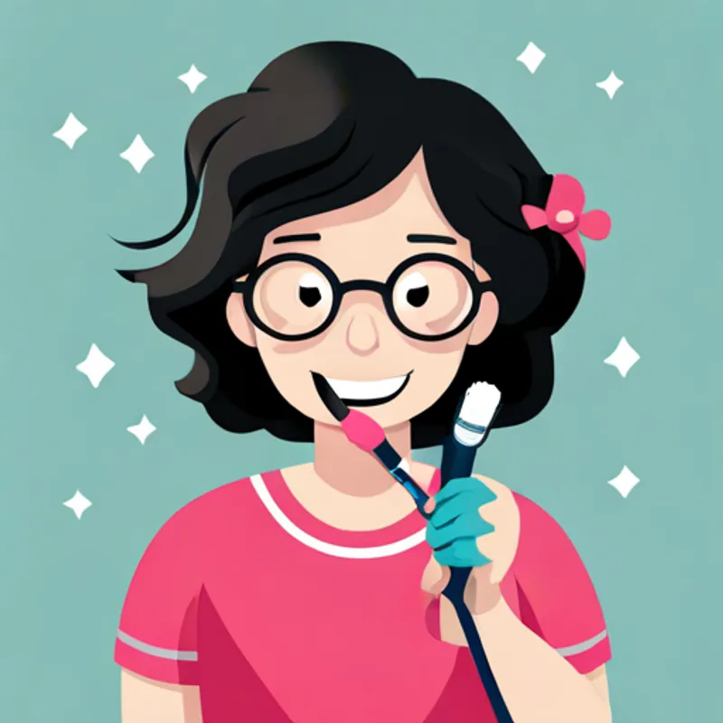 Curly-haired girl with glasses, wearing a pink dress brushing her teeth with a big smile