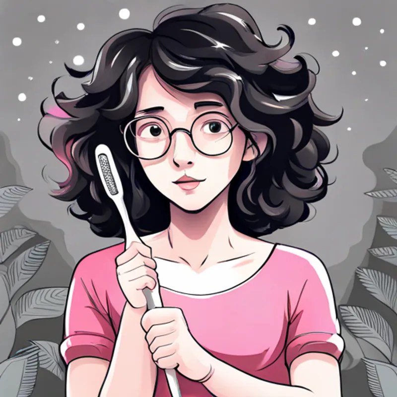 Curly-haired girl with glasses, wearing a pink dress holding a glowing toothbrush with sparkles
