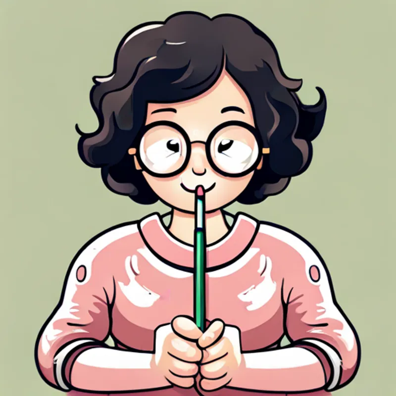 Curly-haired girl with glasses, wearing a pink dress brushing her teeth in her pajamas