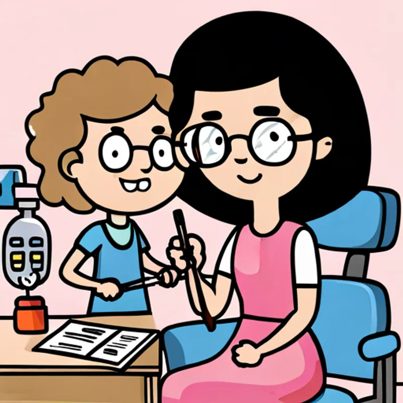 Curly-haired girl with glasses, wearing a pink dress at the dentist's office with a friendly dentist