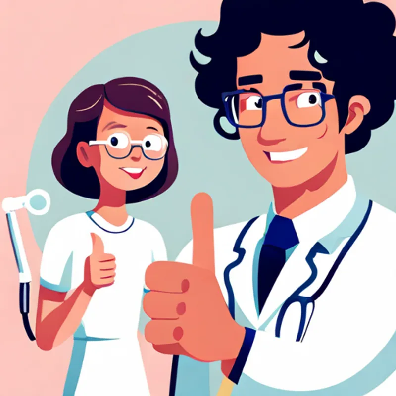 Friendly dentist with a white coat and a stethoscope showing thumbs up to Curly-haired girl with glasses, wearing a pink dress's teeth