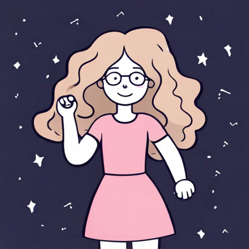 Curly-haired girl with glasses, wearing a pink dress smiling with confidence and her head held high
