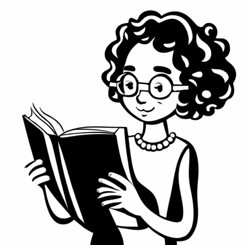 Curly-haired girl with glasses, wearing a pink dress reading a book about dental hygiene