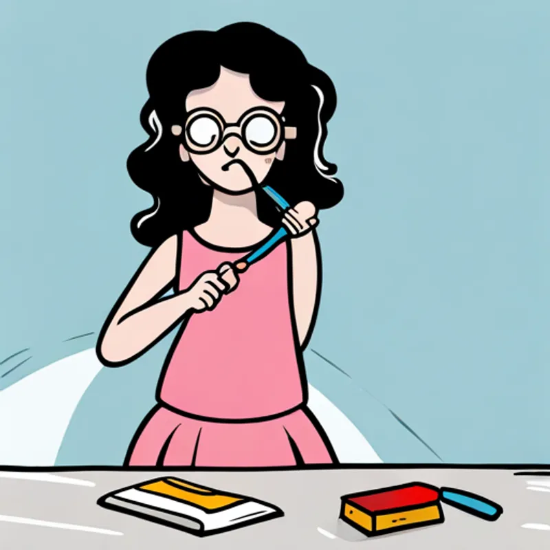 Curly-haired girl with glasses, wearing a pink dress brushing and flossing her teeth diligently