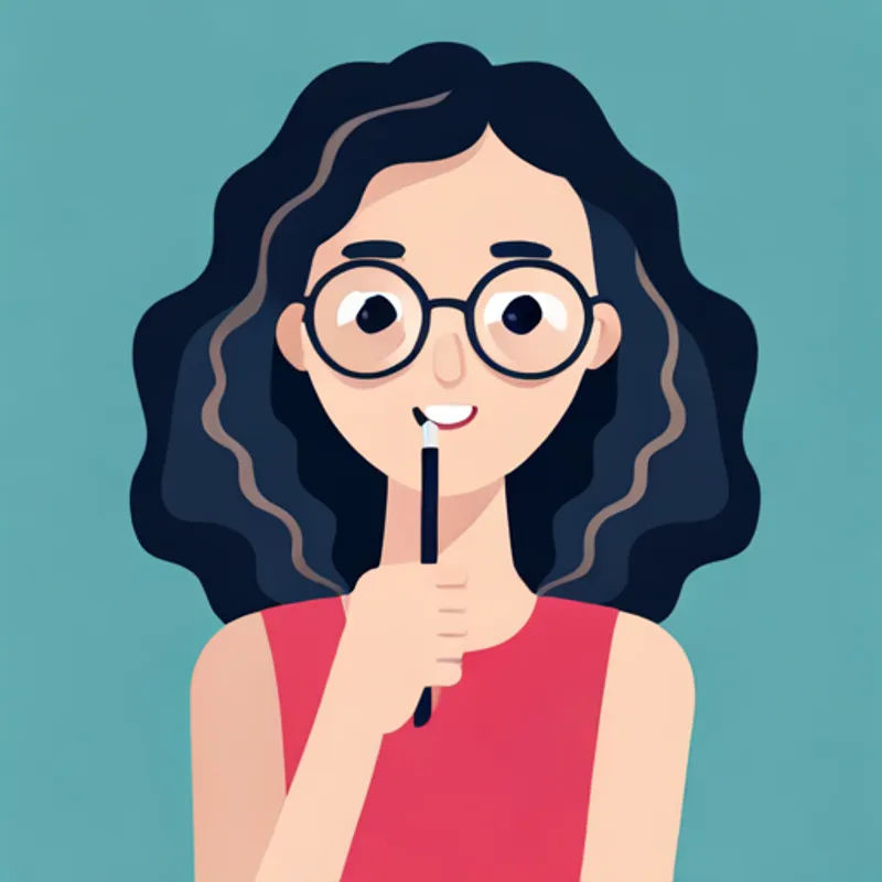 Curly-haired girl with glasses, wearing a pink dress showing off her clean teeth with pride