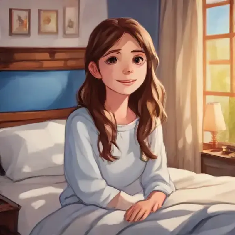Opening scene, Curious girl, brown hair, blue eyes, always smiling getting ready for bed, peaceful ambiance