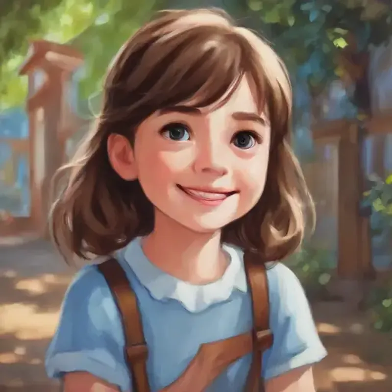 Curious girl, brown hair, blue eyes, always smiling enjoying activities, joy and laughter