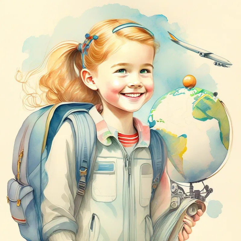 A smiling girl with a backpack, airplane, and globe.