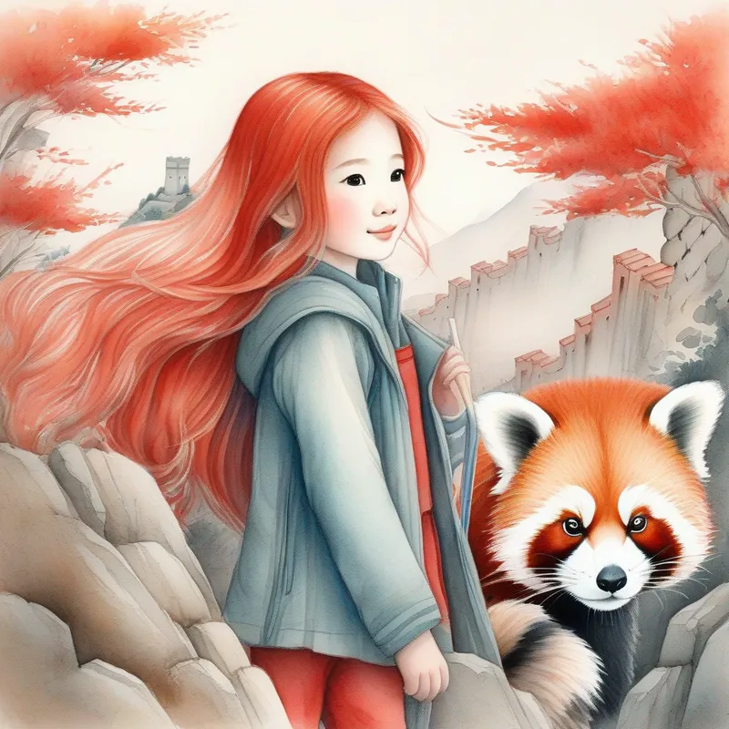A girl with a red panda and the Great Wall.