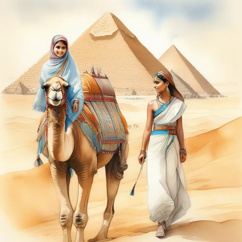 A girl with a camel and the pyramids.