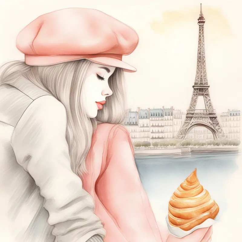 A girl with a beret, croissant, and the Eiffel Tower.