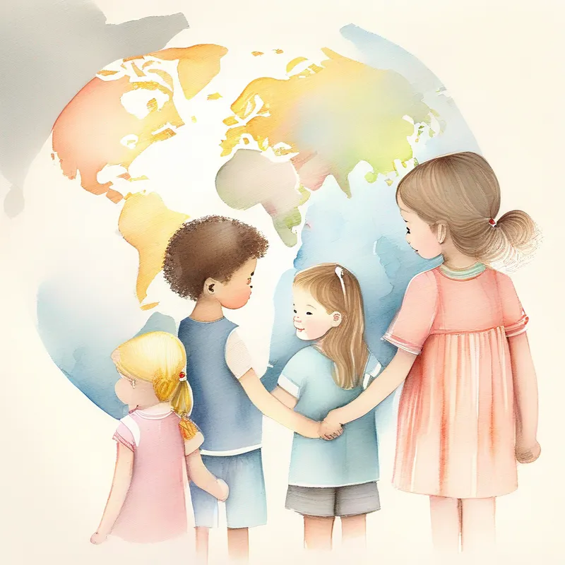 A girl with diverse children holding hands and a world map.