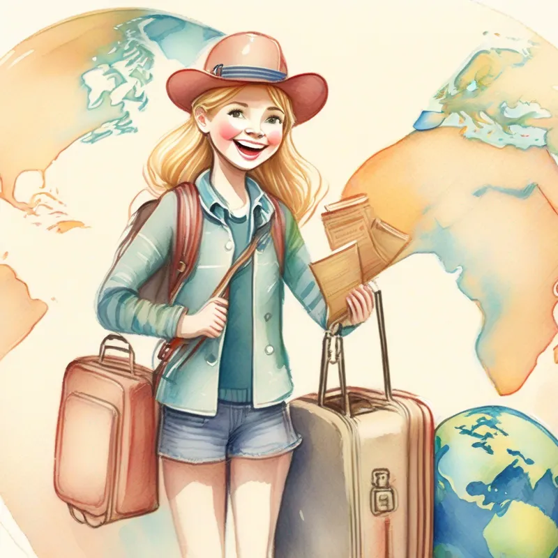 A happy girl with a suitcase, passport, and a world globe.