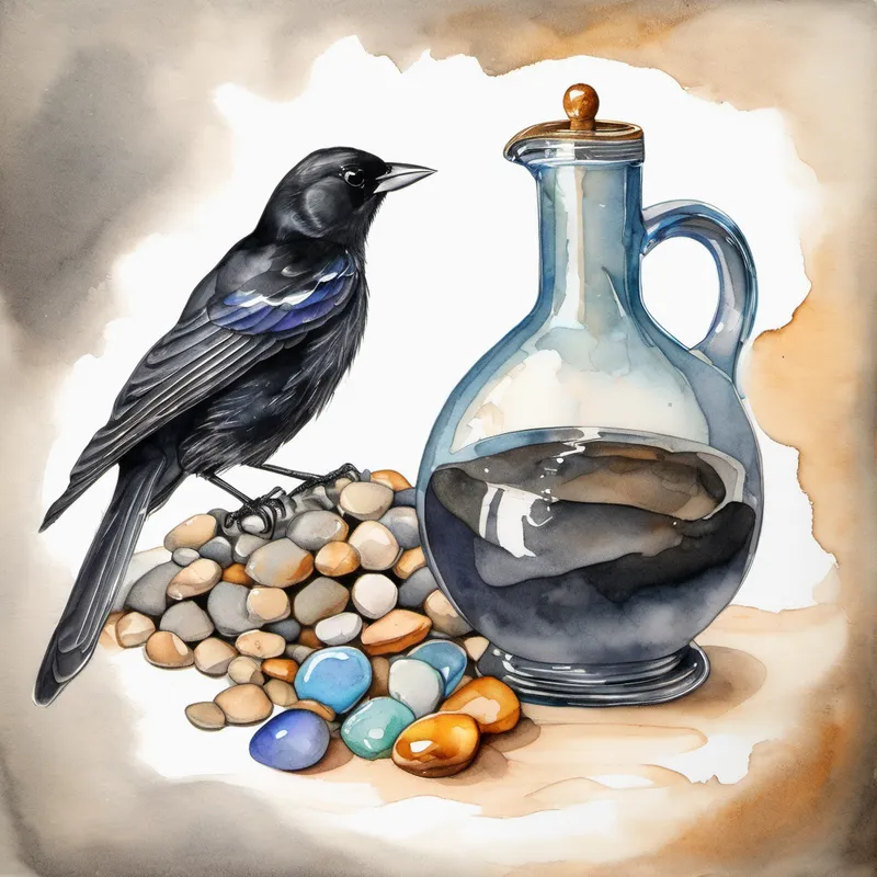 Black bird with shiny feathers, holding pebbles sees pitcher with water, becomes thirsty