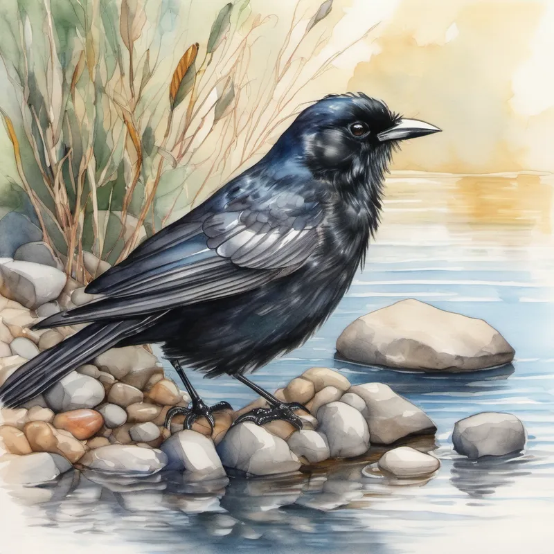 Black bird with shiny feathers, holding pebbles tries to reach the water but can't