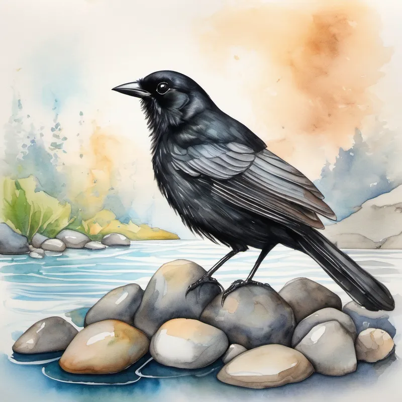 Black bird with shiny feathers, holding pebbles creates plan to reach water with pebbles