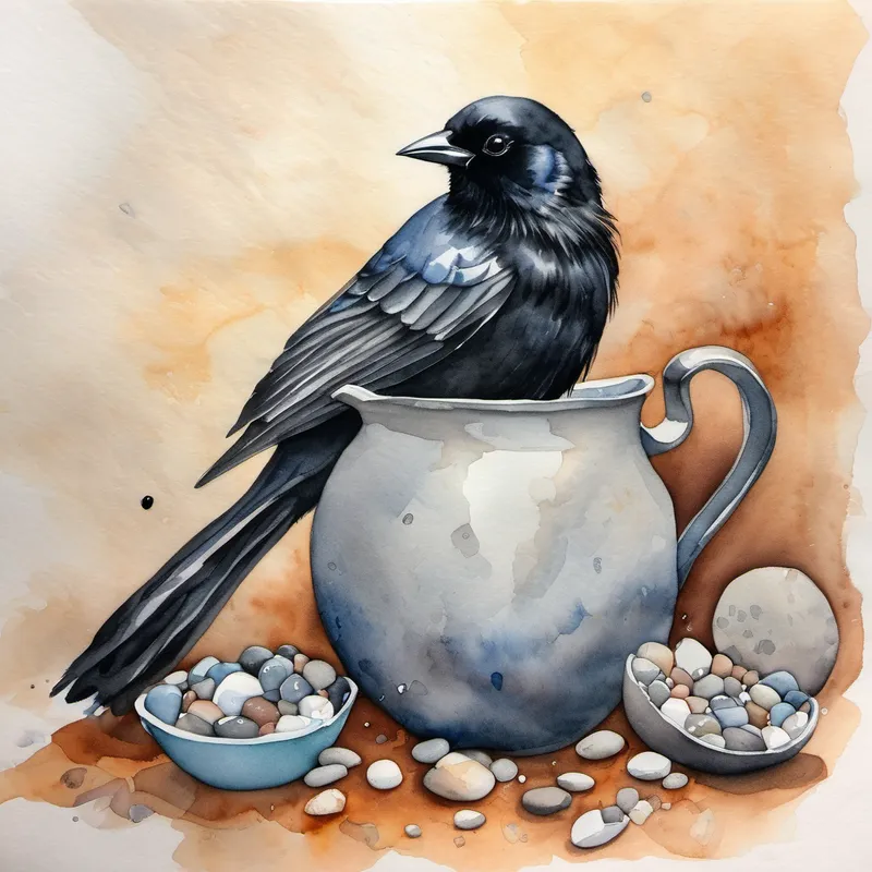 Black bird with shiny feathers, holding pebbles carefully dropping pebbles into the pitcher