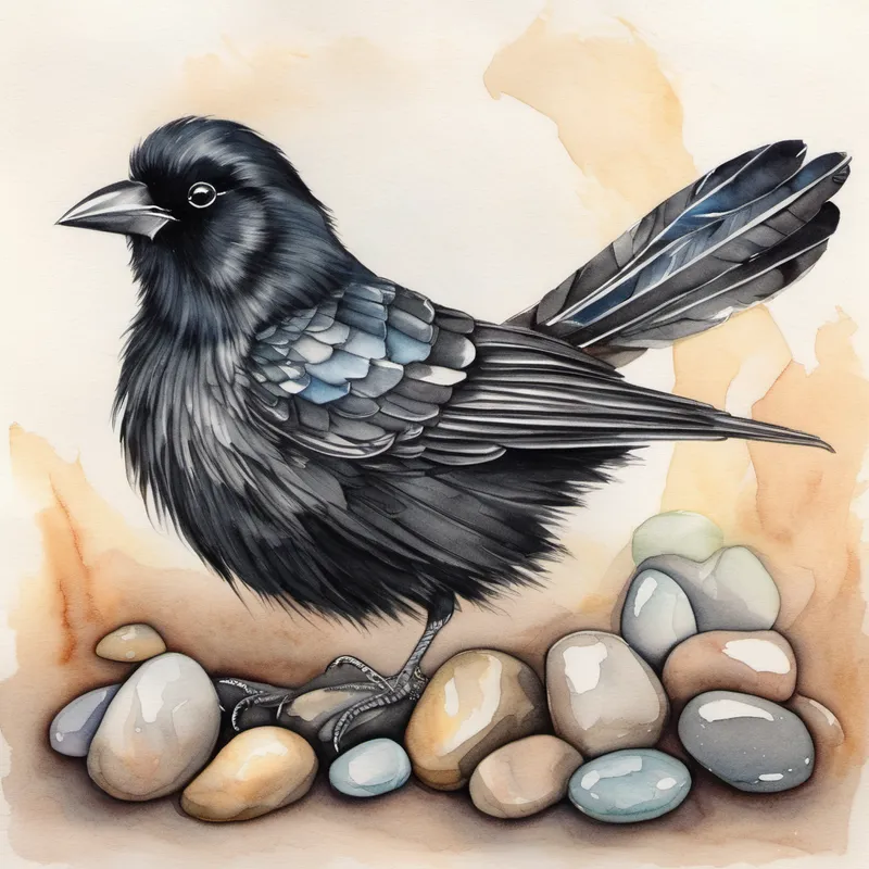 Black bird with shiny feathers, holding pebbles learns perseverance can overcome challenges, becomes wiser