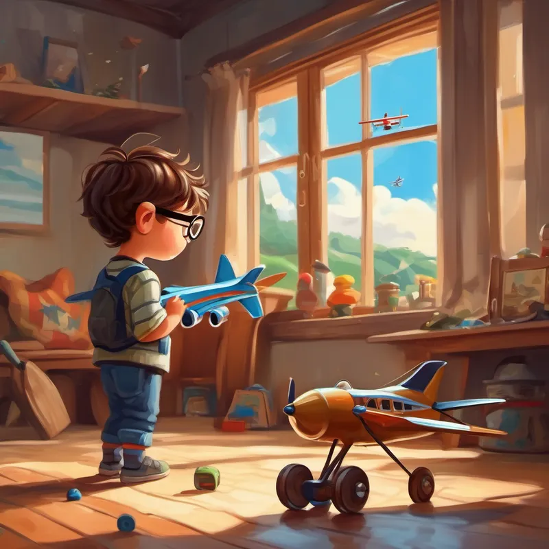 Curious little boy with messy brown hair and glasses looking at a toy airplane with wonder