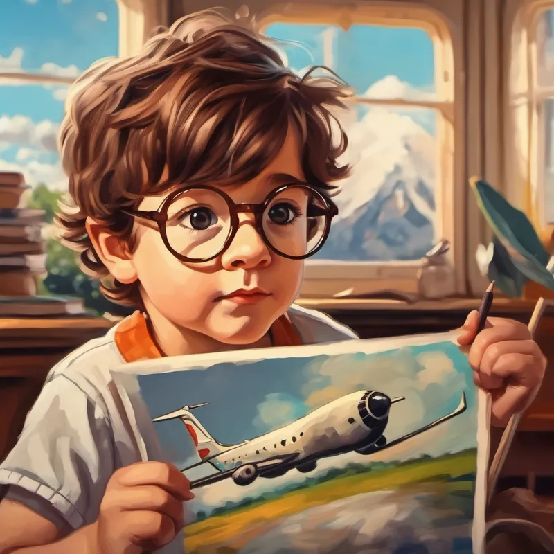 Curious little boy with messy brown hair and glasses pointing at a picture of an airplane